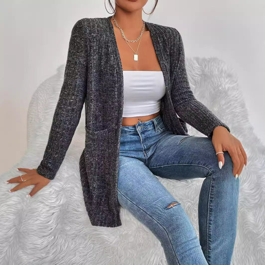 Offen geschnittene Strickjacke mit Taschen und Langarm