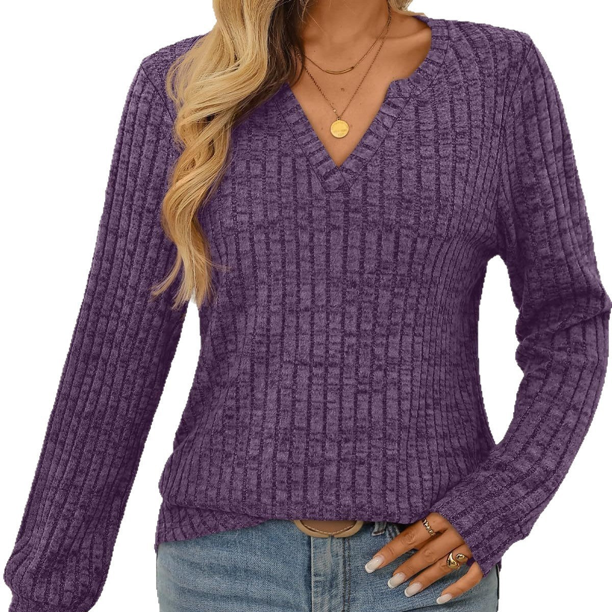 V-Ausschnitt Bluse mit vertikalem Strickmuster