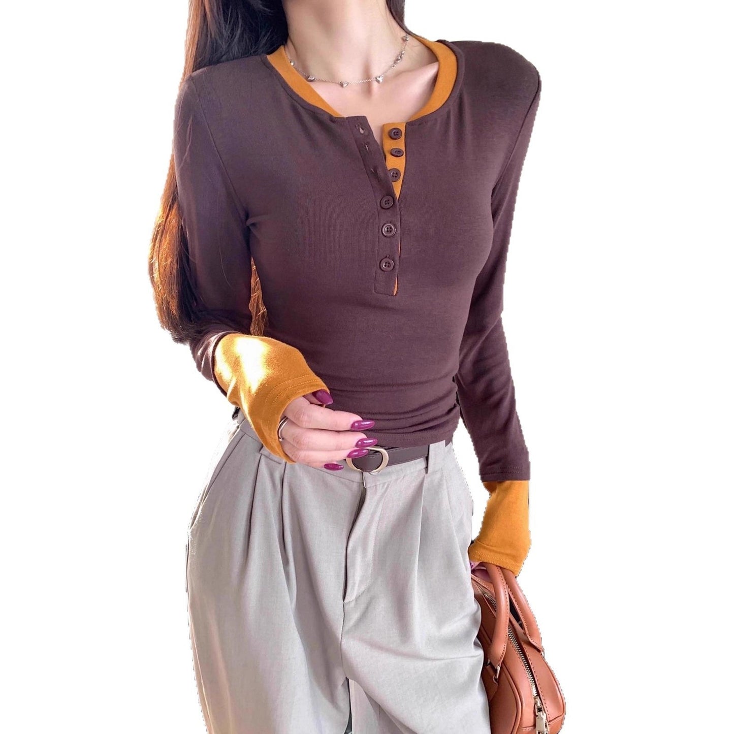 Langarmshirt mit Knopfleiste und Kontrastdetails