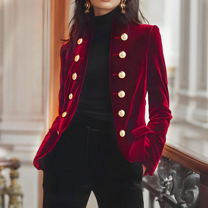 Doppelreihige Jacke mit dekorativen Knöpfen und Samtstruktur
