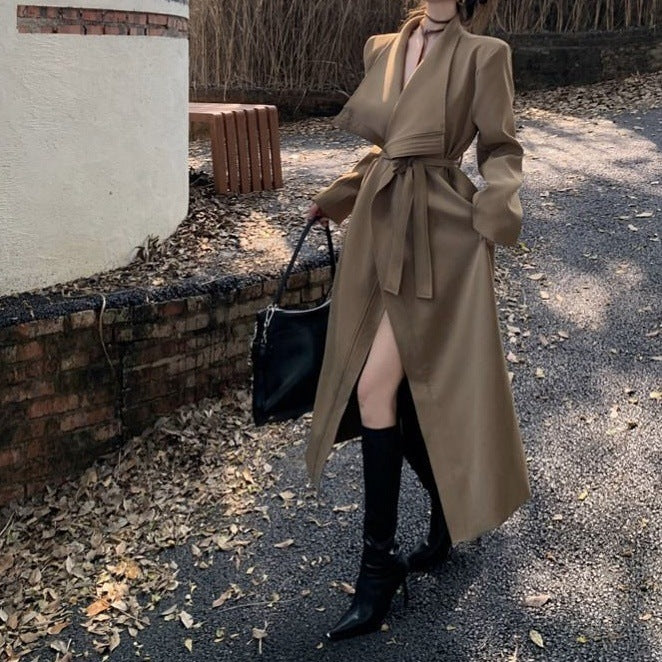 Wickeloptik Mantel mit Reverskragen und Stoffgürtel