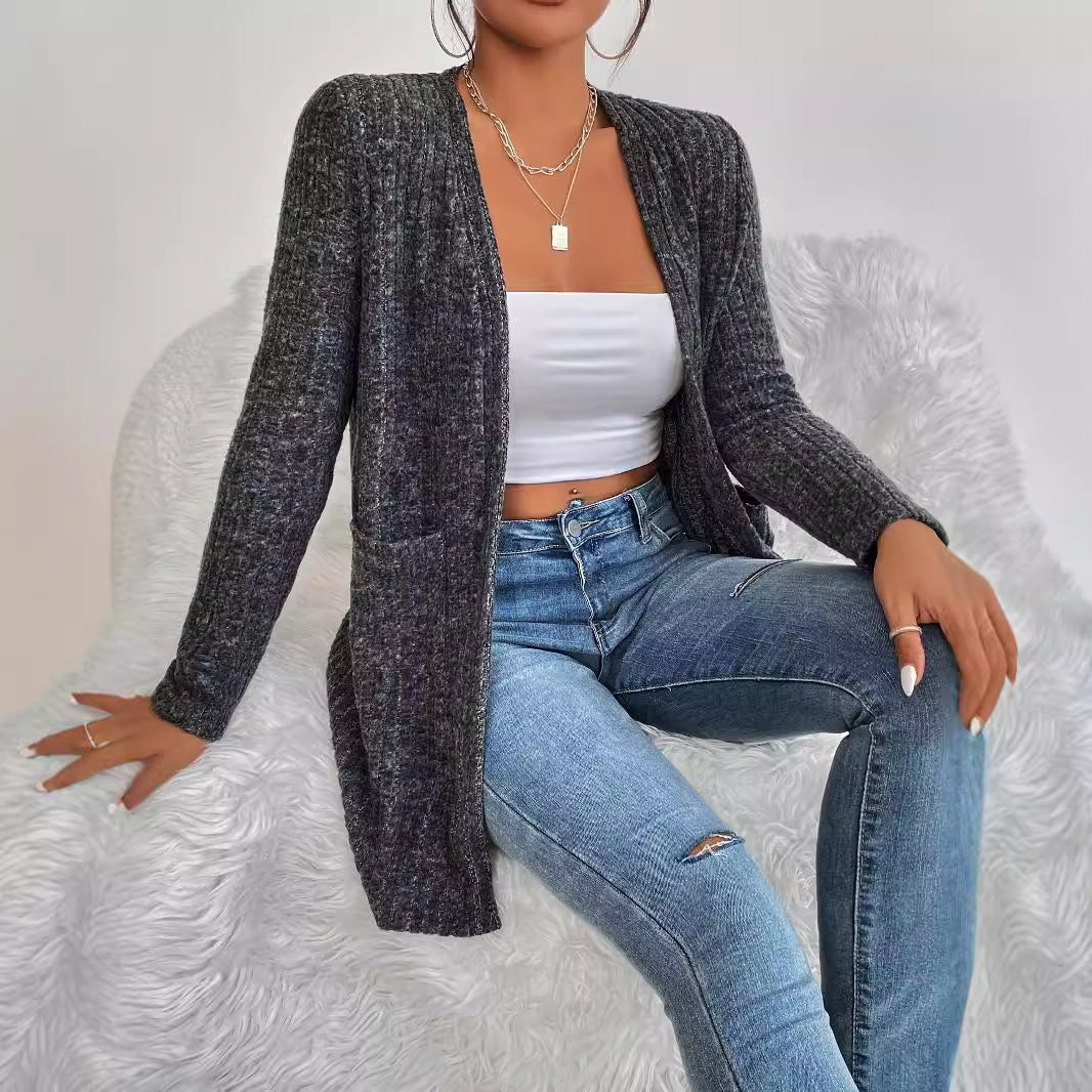 Offen geschnittene Strickjacke mit Taschen und Langarm